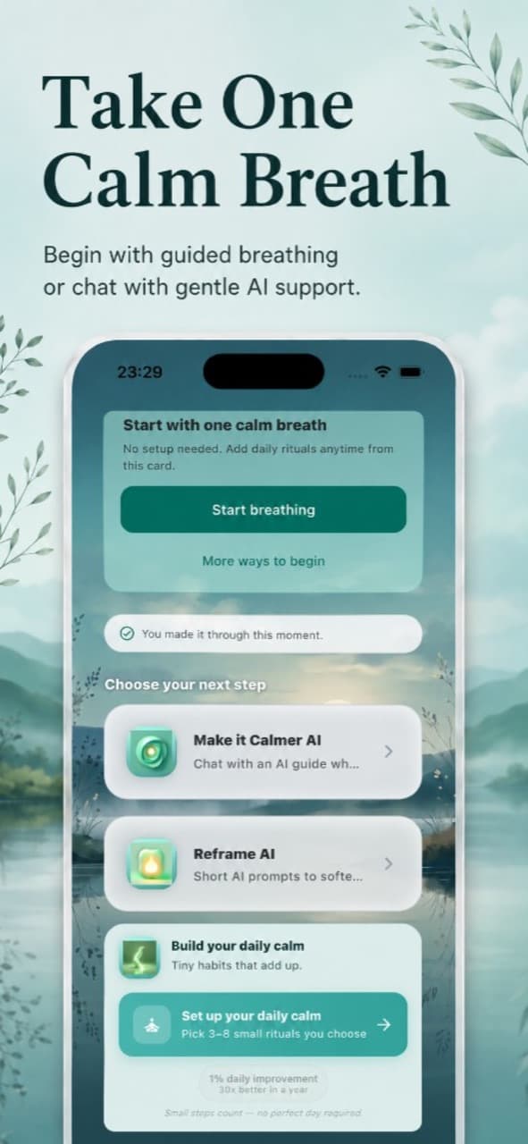 CalmerNow breathing and AI support marketing screenshot