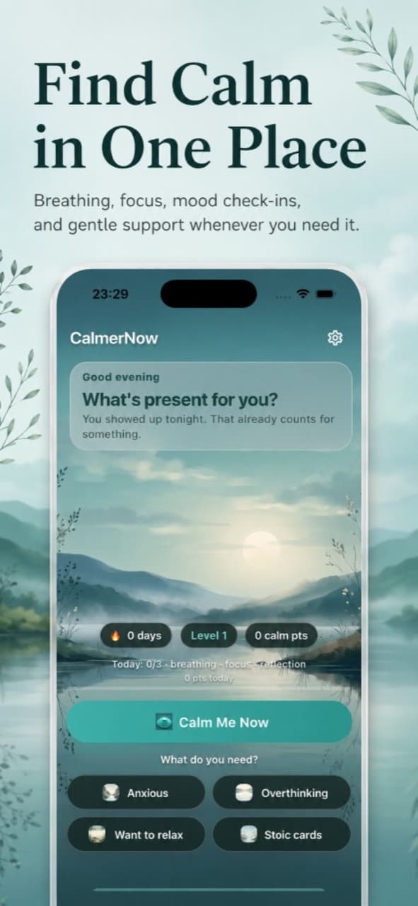 CalmerNow home screen