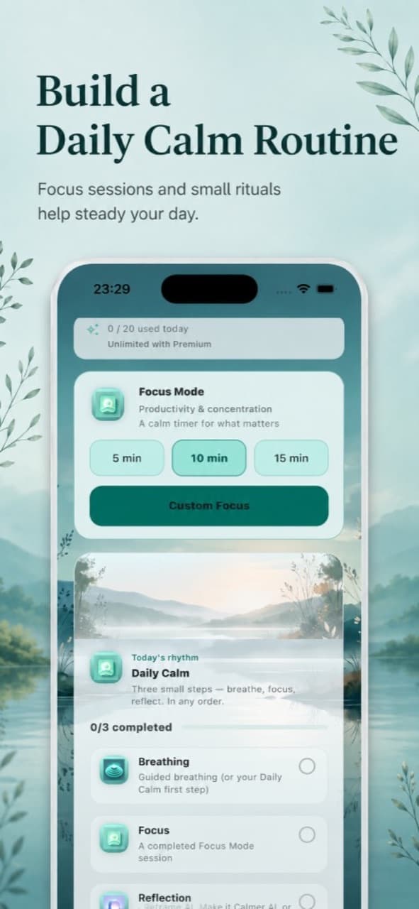 CalmerNow Focus Mode presets and Daily Calm checklist on a phone