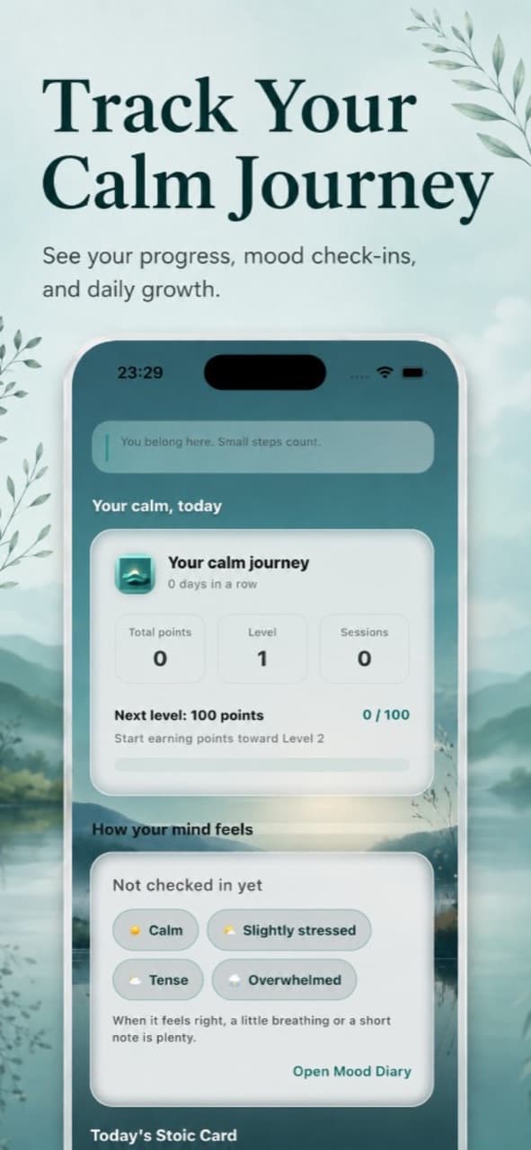 CalmerNow mood check-in and calm journey progress on a phone